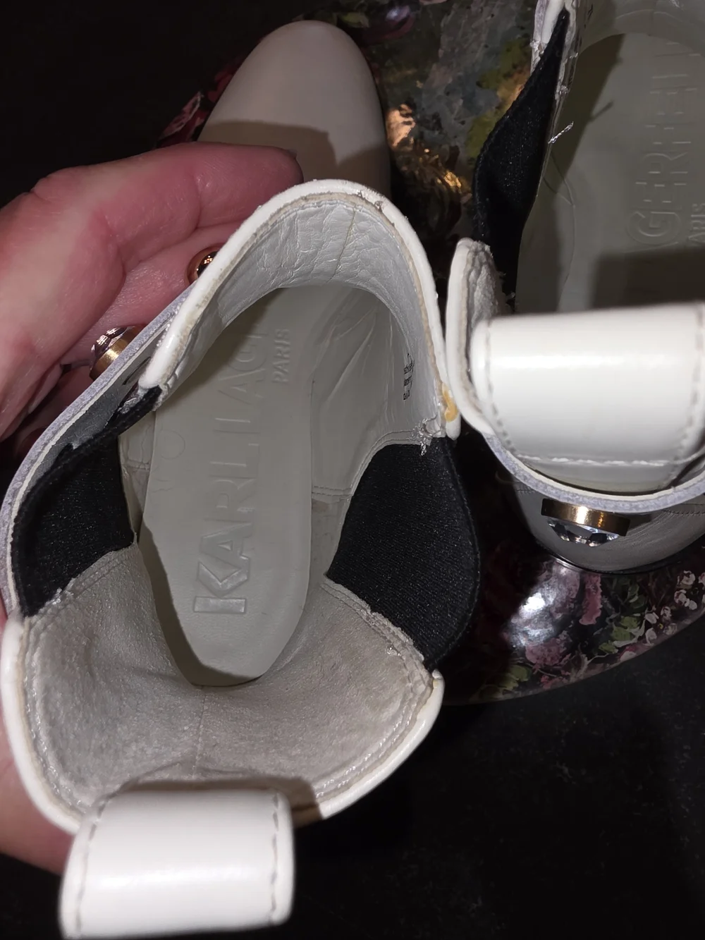 Karl Lagerfeld White Chelsea Ankle Boots with Gold & Crystal Accents